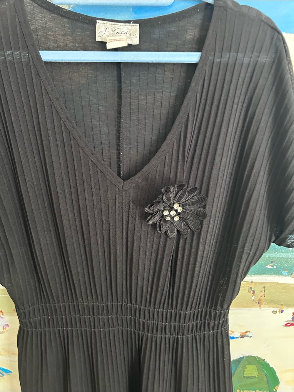 Sheer  Black V-Neck Pleated Dress with Floral Brooch